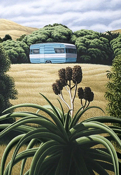 Tony Ogle NZ artist, acrylic on board, Wainui caravan